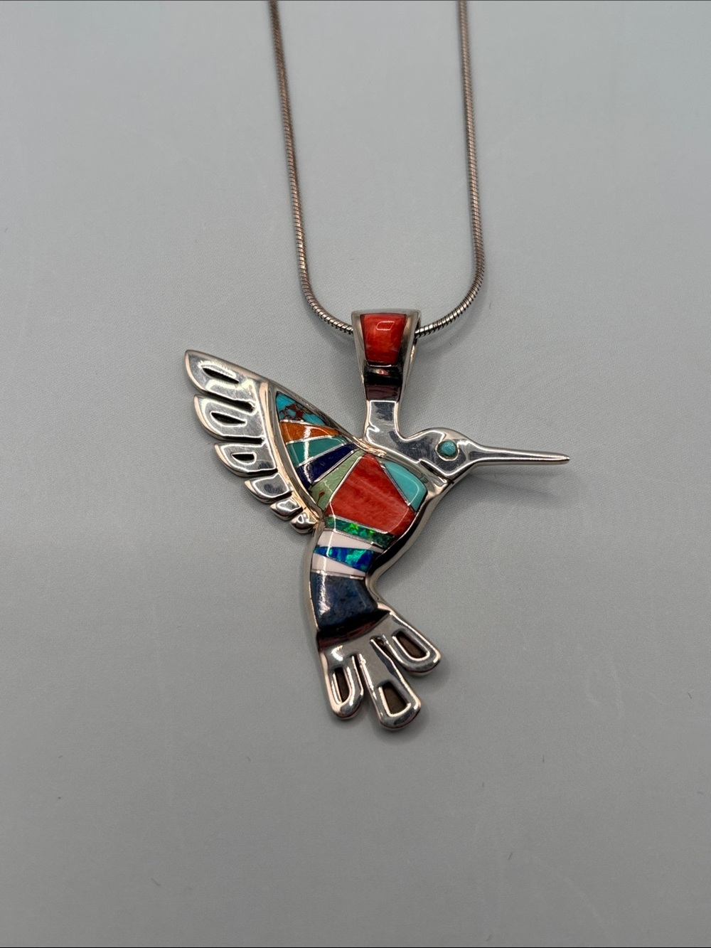 Gorgeous Sterling Silver Jasper Turquoise Lapis Opal Inlay Hummingbird Necklace - Picture 6 of 6